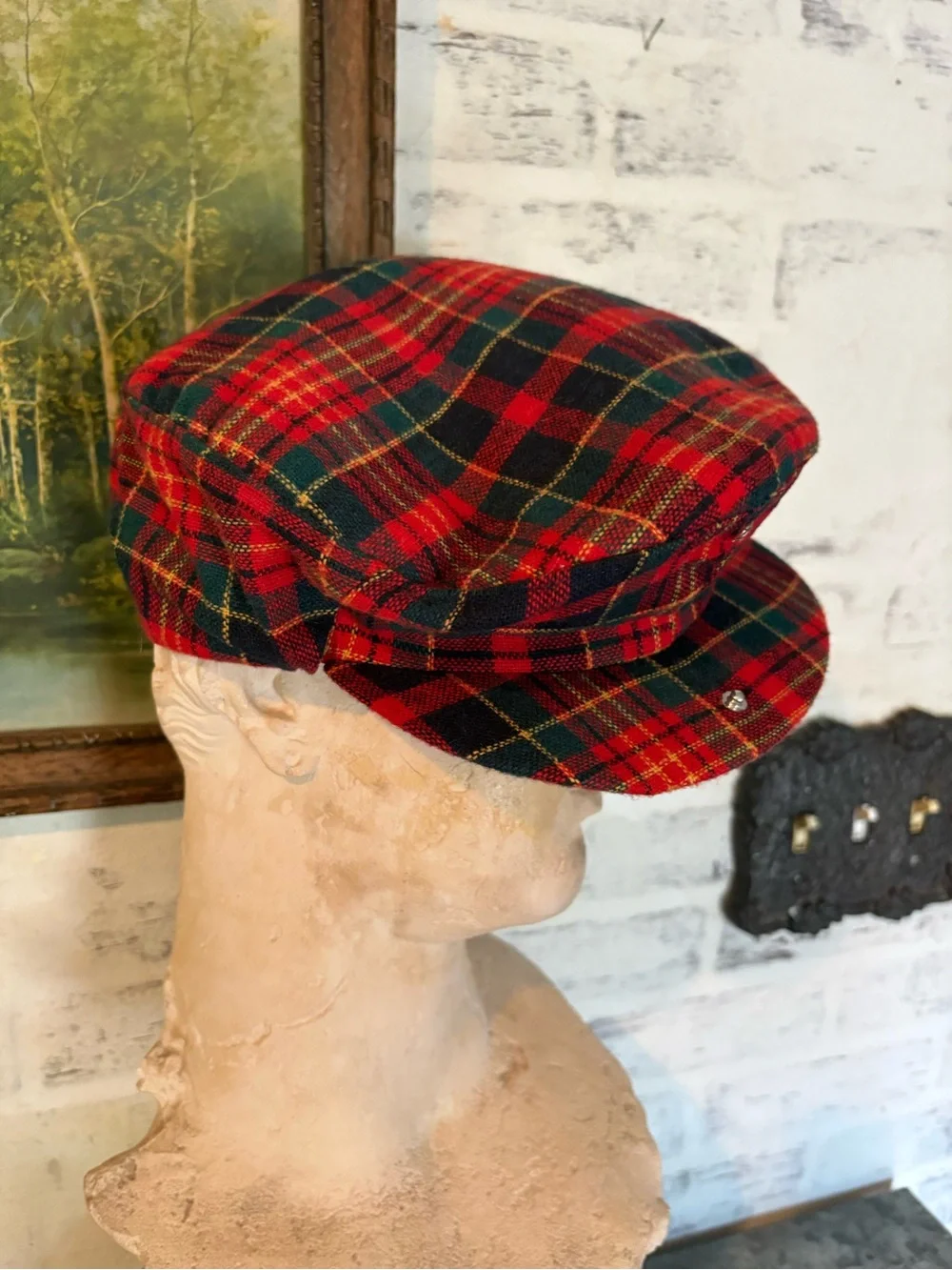 70’s classic vintage red tartan plaid wool flat cap